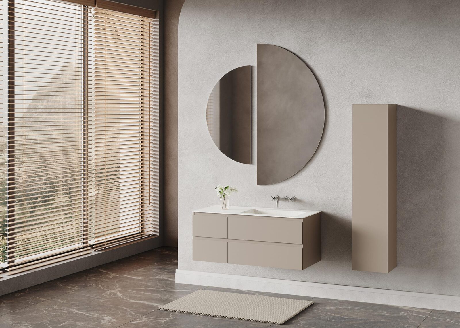 Badezimmer mit Serien Waschtisch M3 ERATO und passendem Hochschrank